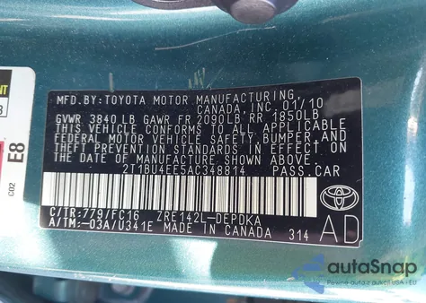 2010 Toyota Corolla Le из США, поврежденный, VIN 2T1BU4EE5AC348814